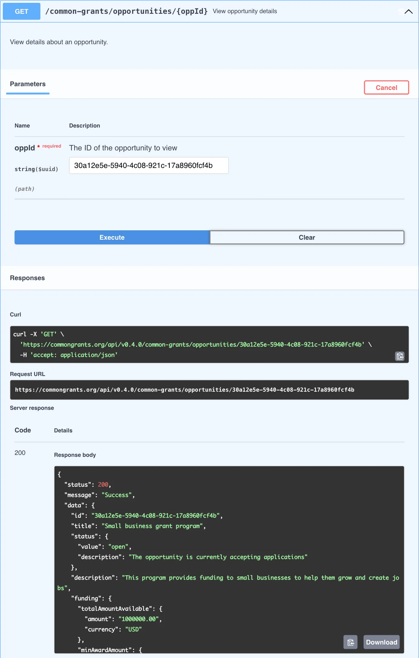 Swagger UI on the docs site after clicking Execute on GET /common-grants/opportunities/{oppId}. The oppId box is pre-filled, the Servers box reads /api/v0.4.0, and the server response shows the “Small business grant program” record with a copyable curl command above it.