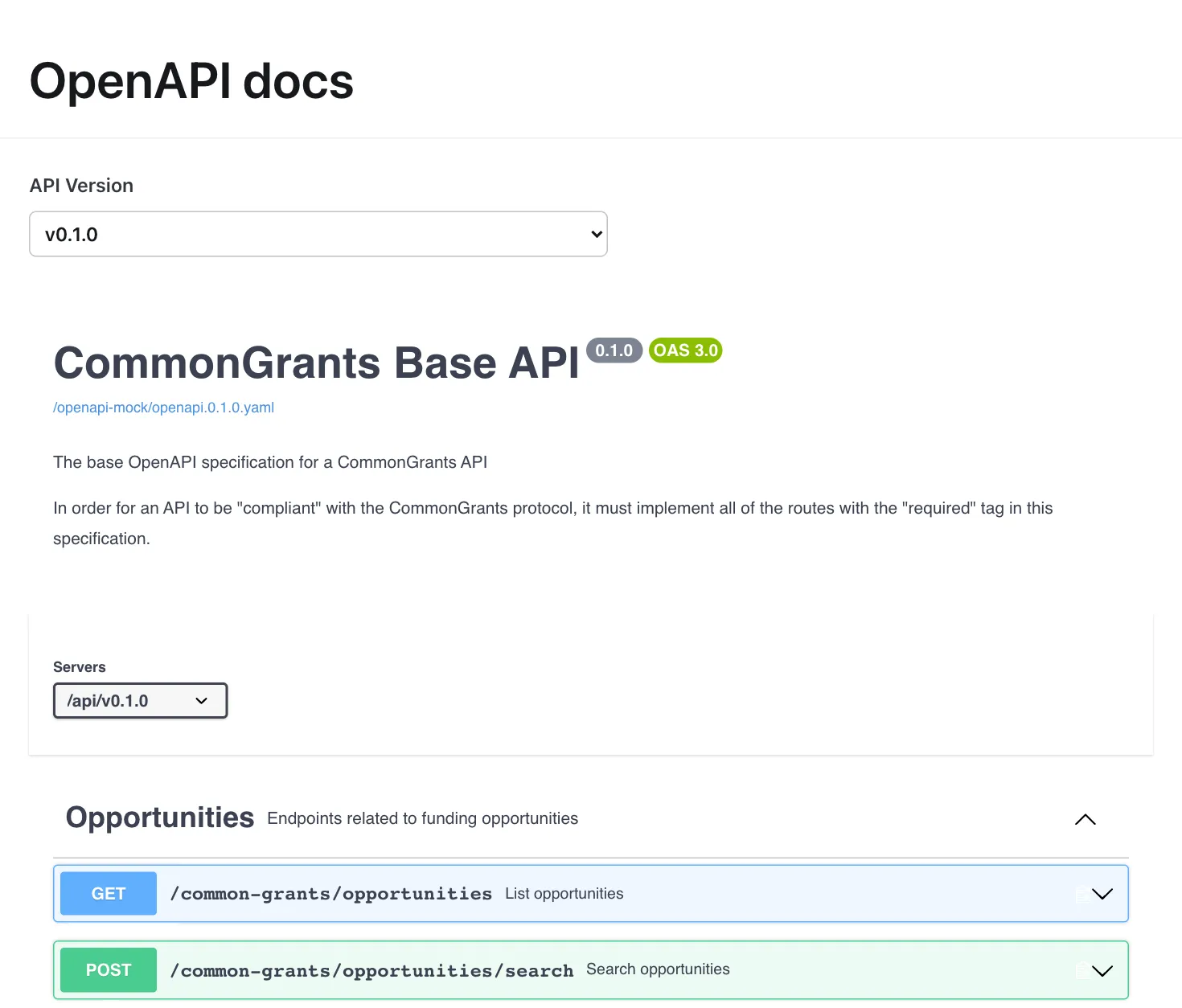 The docs page with the API Version dropdown set to v0.1.0. The Servers box reads /api/v0.1.0 and only the Opportunities endpoints are listed.